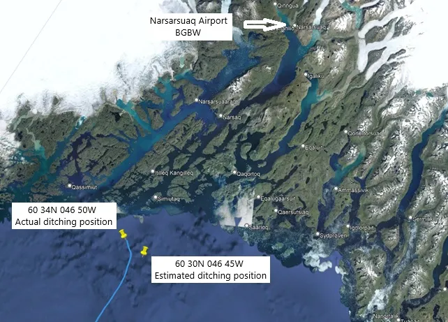The figure shows the estimated and the actual ditching position, and the location of Narsarsuaq airport.