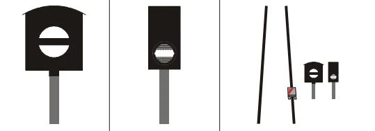 To forskellige typer sporspærresignaler. Ved Afløbssko 1 var typen som er afbilledet til venstre anvendt.