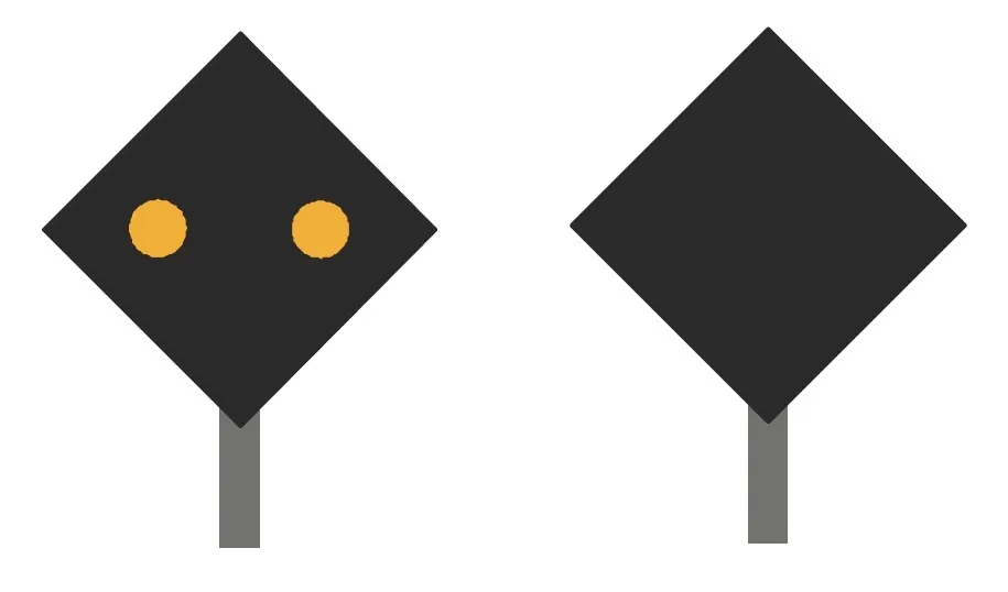 Uordenssignalets to mulige visninger. Til venstre: 'Overkørslen ikke sikret' og til højre 'Overkørslen betinget sikret'.