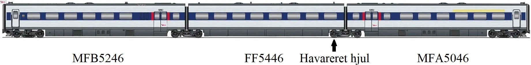 Figur 1. Oversigtstegning af MF5046 med angivelse af det havarerede hjul.