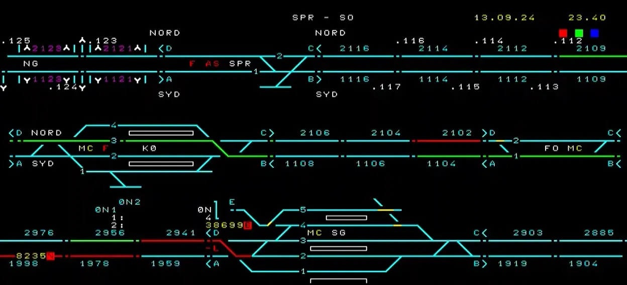 En kopi af skærmbilledet hos Stationsbestyreren i Fjernstyringscentralen i Roskilde d. 13-09-2024 kl. 23:40 viste bl.a., at: tog 38699 var på vej ud af Slagelse spor 2 af højre spor mod Forlev, tog 8235 kørte på venstre spor fra Slagelse mod Forlev og  arbejdsholdet med stoppemaskinen og ballastploven befandt sig i afsnit 2102 i højre spor mellem Forlev og Korsør. Landmålerne befandt sig på dette tidspunkt i afsnit 2956 i højre spor Slagelse-Forlev. 